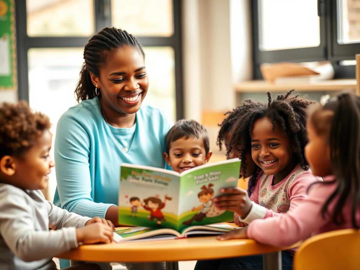 Teacher reading with a small group of elementary students